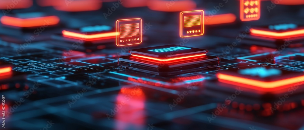 Poster real time feedback systems concept. futuristic microchip design with glowing elements and digital pa