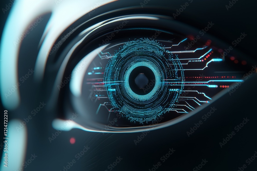 Poster vision agent systems concept. futuristic robotic eye with digital circuit patterns.