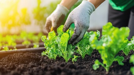 A community garden filled with a variety of vegetables and fruits, volunteers harvesting crops and planting seeds, raised beds and compost bins contributing to the sustainable setup, sunlight