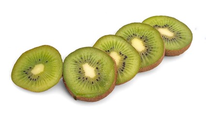 Fototapeta premium Photo of a freshly sliced kiwi fruit, isolated on white background.