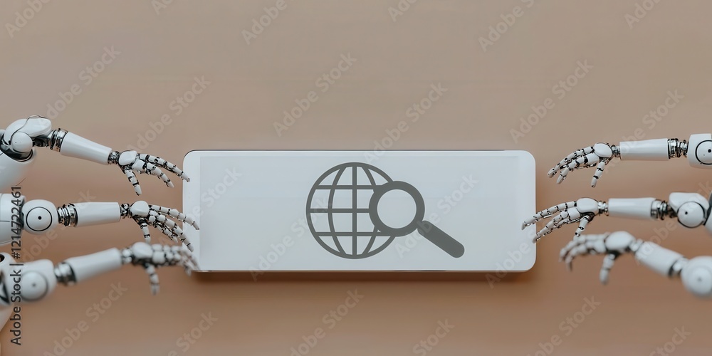 Poster robot arms interacting with a search button featuring a globe icon.
