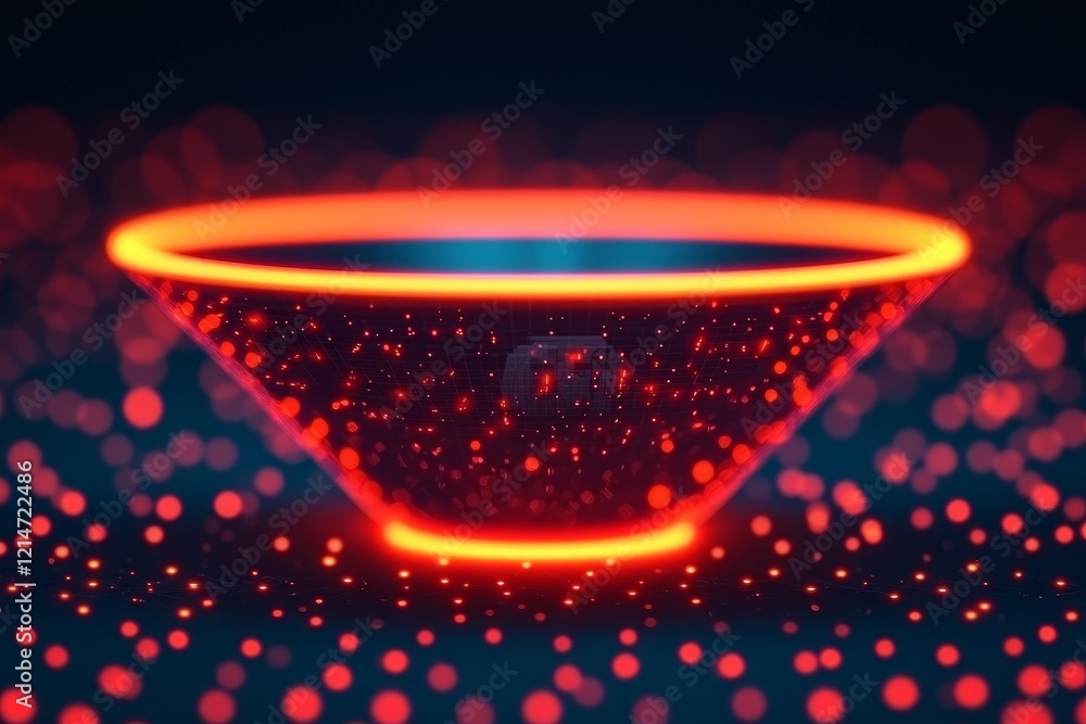 Poster real time feedback systems concept. glowing cone shape with vibrant particles in a dark background.