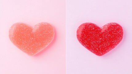 Fototapeta premium Two heart-shaped jellies, one peach and one red, on pink backgrounds.