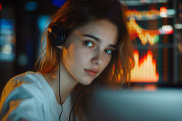 Fototapeta premium A woman wearing headphones is looking at a computer screen