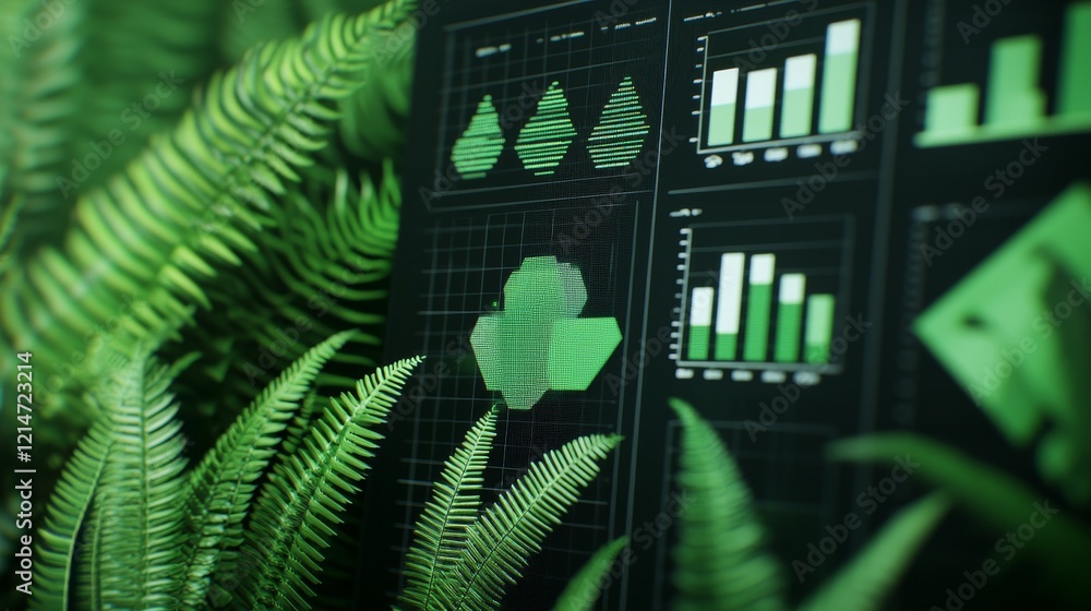 Poster business ecosystem strategy connection concept. green data visualization surrounded by lush ferns an