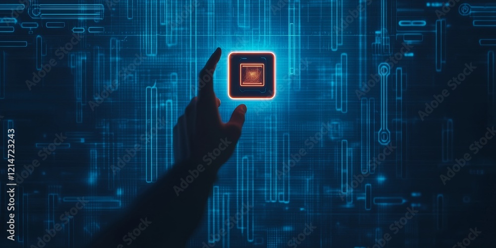 Poster memory retrieval systems concept. hand reaching for a glowing microchip on a digital circuit backgro