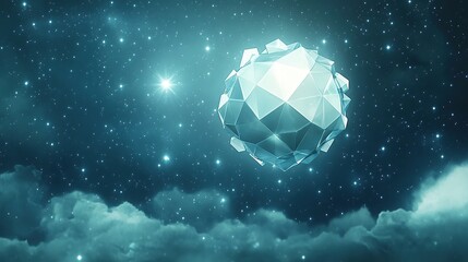 A floating geometric sphere with jagged polygonal layers orbiting it like fragmented rings