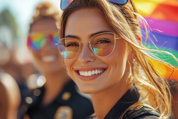 Cheerful policewoman of non-traditional orientation with a flag in the LGBT symbol at Pride. The concept of protecting the rights of LGBT and transgender people. LGBT community