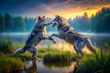 Two Timber Wolves Frolicking at Dusk by a Lake - Wildlife Stock Photo