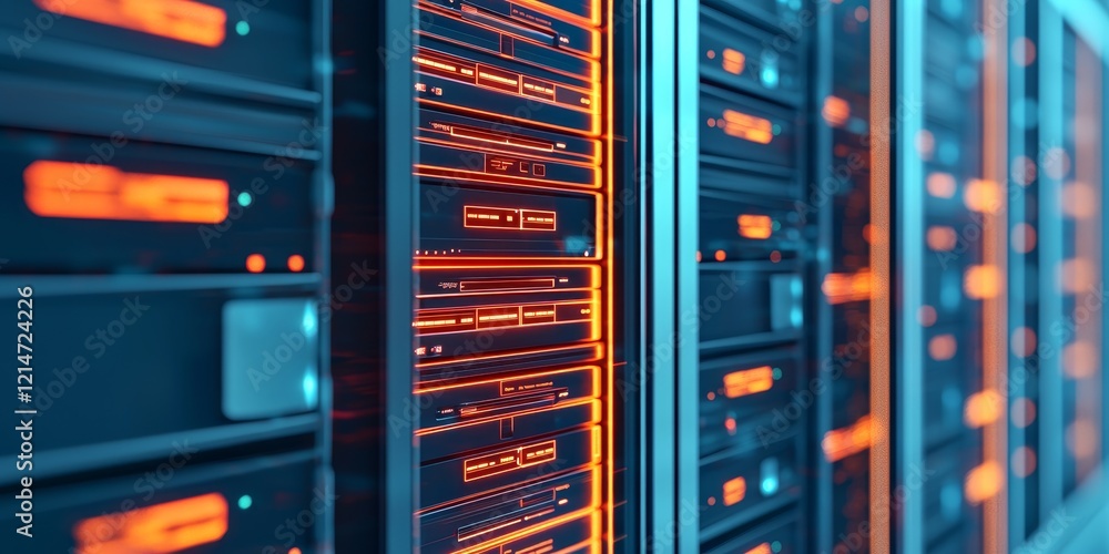 Poster disaster recovery plan concept. high-tech server racks with glowing lights in a data center environm