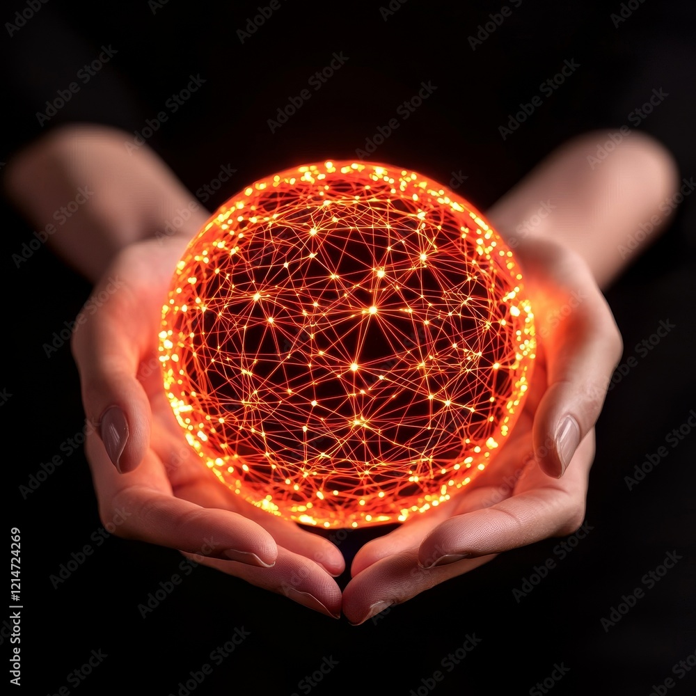 Poster ai ecosystem management concept. illuminated globe held in hands, symbolizing connection and technol