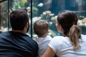 Obraz premium A loving family gathers around a large aquarium, marveling at colorful fish swimming gracefully in a captivating underwater environment. Quality time is shared.