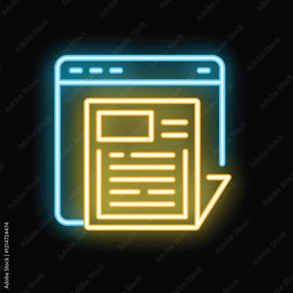 Poster neon icon of a document being downloaded from a website on the internet