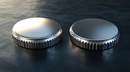Two metallic knobs on dark surface, product display