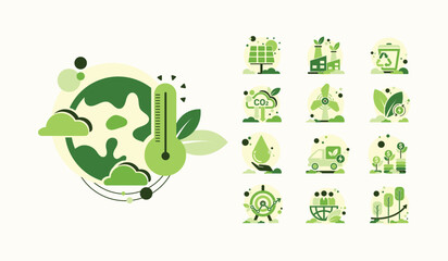 World environment and sustainable development concept with ecology icons template vector flat design, eco friendly and green technology. ESG for business and organization. Net zero and carbon neutral