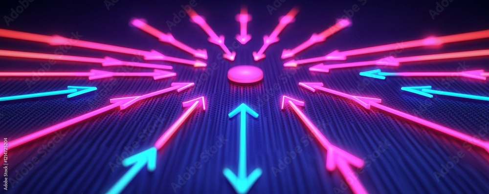 Poster real time feedback systems concept. neon arrows radiating from a central point on a dark background.