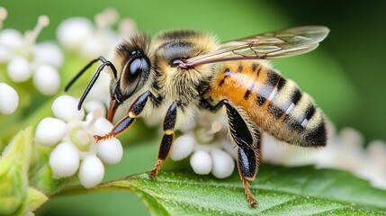 Fototapeta premium Honeybee pollinating flower, garden, macro, nature