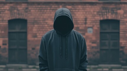 Faceless person in a dark hoodie standing before a brick wall.
