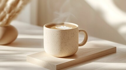 minimalistyczna fotografia, filiżanka kawy, kubek ceramiczny, beżowy kubek, kawa, drewniana powierzchnia, powierzchnia drewniana, tło w odcieniach kremu, naturalne światło, delikatne cienie, ciepła at