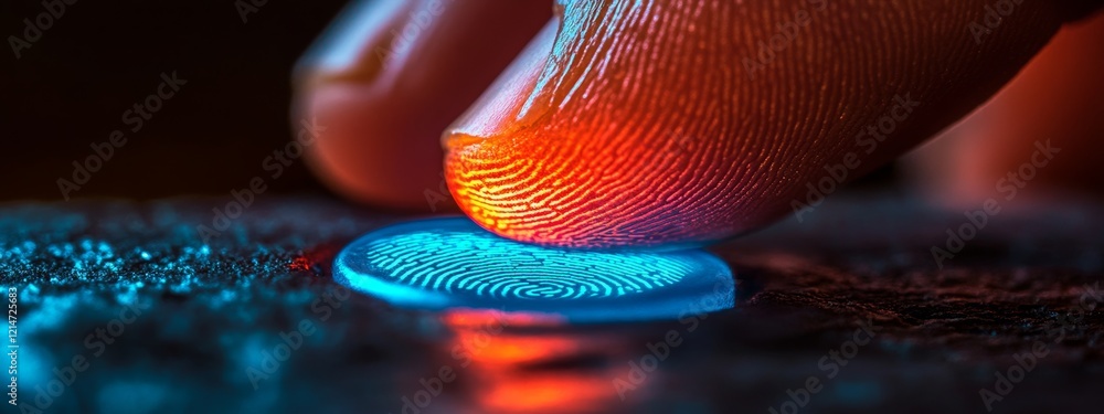 Poster a blue fingerprint scan icon displayed on a virtual screen as the finger is scanned for security acc