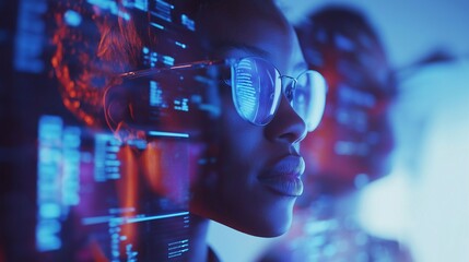 Female developer, woman collaborating on futuristic technology projects, digital screens displaying holograms and coding. The innovation, technological advancements, tech business. neon light