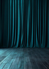 Dark Teal Velvet Curtains and Wooden Floor Stage Background