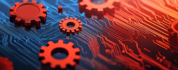Ai ecosystem management concept. Red gears on a circuit board background with blue and orange tones.