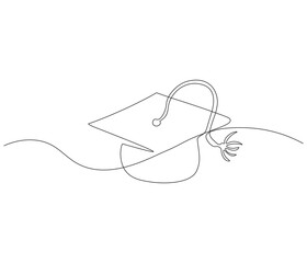Graduation cap one continuous line drawing. Studying thin symbol or logo in simple linear style. Concept vector art for university or college. Editable stroke. Doodle line illustration