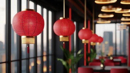 Modern tradition Chinese new year background. Red lanterns adorn a modern restaurant with city views at sunset.