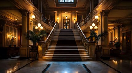 Elegant staircase in luxurious lobby, warm lighting highlighting ornate decorations, perfect for showcasing opulence and grandeur.