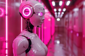Fototapeta premium Elegant Female Robot in Futuristic Pink Neon Corridor