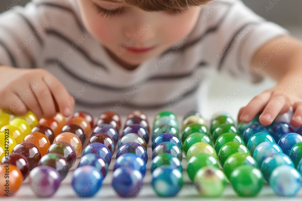 Poster child exploring colorful marbles arranged in a neat row during a playful afternoon activity