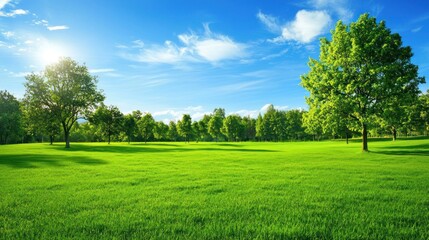 Fototapeta premium A lush green field with tall trees scattered across the landscape under a clear blue sky.