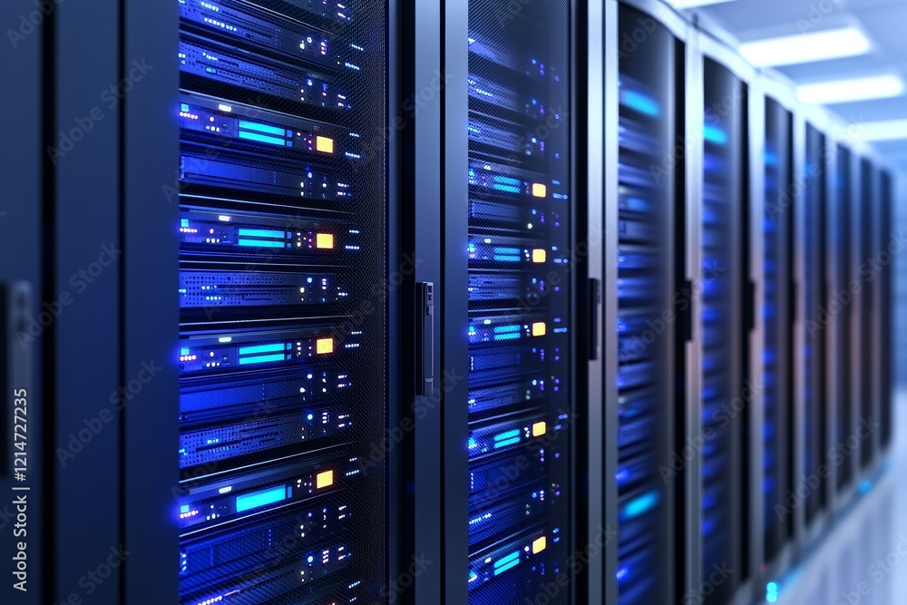 Poster disaster recovery plan concept. server racks illuminated with blue lights in a data center environme