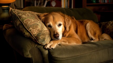 Obraz premium Calm Dog Resting on Cushioned Chair in Cozy Room
