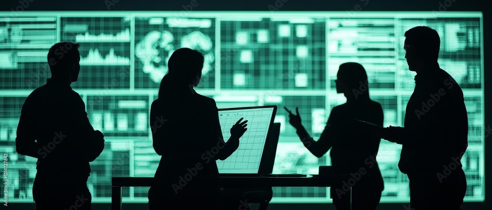 Poster planning mechanisms development concept. silhouettes of businesspeople discussing data in front of a