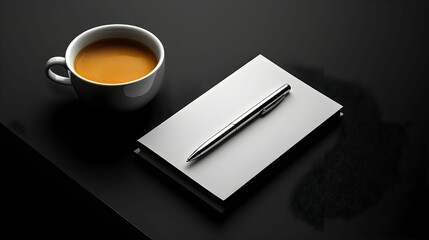 Fototapeta premium biurko, minimalistyczny, czarny, biały, monochromatyczny, elegancja, nowoczesny, prostota, espresso, notebook, długopis, srebrny, kontrast, profesjonalizm, przestrzeń robocza, inspiracja, produktywnoś