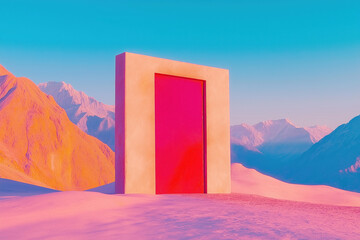 Surreal pink door in a desert landscape with mountains