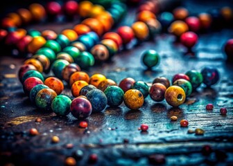 Urban Exploration: Close-up of Vintage Wooden Beads, Selective Focus, Grunge Background