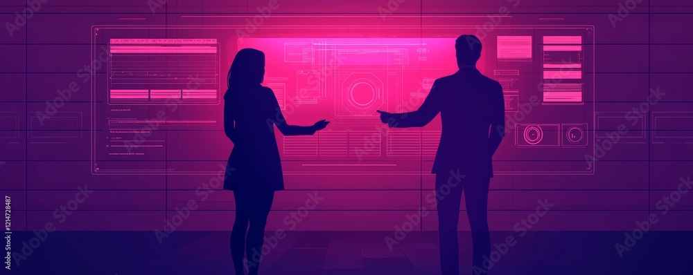 Poster real time feedback systems concept. two silhouetted figures interact with a glowing digital display.
