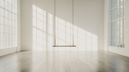 Fototapeta premium Minimalist room with wooden swing, sunlight through large windows, hardwood floor.