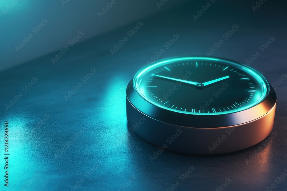 Poster modern clock with glowing edges placed on dark surface in a softly lit environment