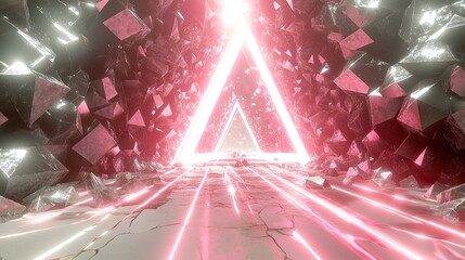 A fractured glowing triangular portal radiating pink and silver energy into an infinite plane of jagged polygon crystals absorbing and reflecting the beams.