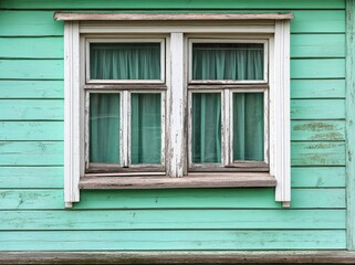Fototapeta premium Outside, a spacious white house window featuring green curtains and wall lamps suspended on a light green wooden sill