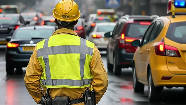 A construction worker directs traffic in a busy urban setting, wearing safety gear and a helmet.