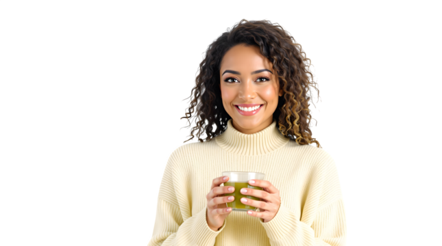 Smiling woman, curly hair, cream sweater, holding green mug, studio lighting, professional portrait transparent background PNG
