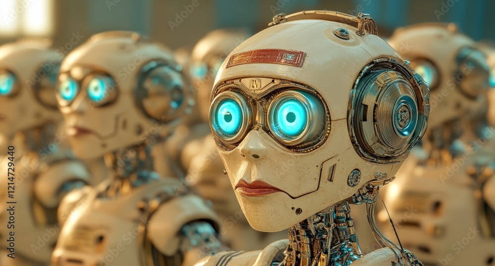 Poster a 3d rendering showcasing leader human robot portraits alongside a robotics army and an industrial g