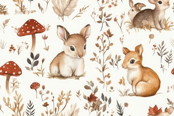 Seamless pattern Delight in whimsical woodland creatures rendered in soft watercolor, showcasing charming animals and delicate landscapes that evoke nostalgic childhood memories in pastel hue