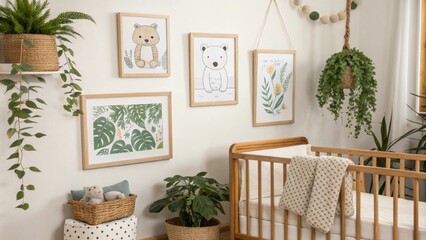A gallery wall displays adorable framed artwork amidst subtle greenery from potted plants bringing a touch of nature indoors. Earthy wooden accents and textures establish a