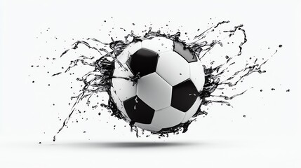 A dynamic soccer ball bursts through splashes of black ink, capturing the energy and excitement of the sport.